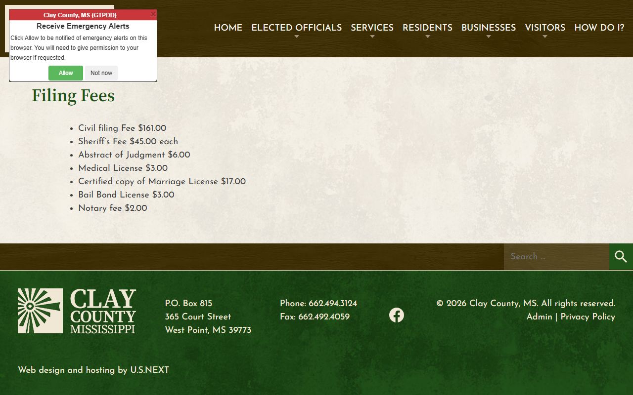 Clay County Circuit Clerk filing fees schedule page