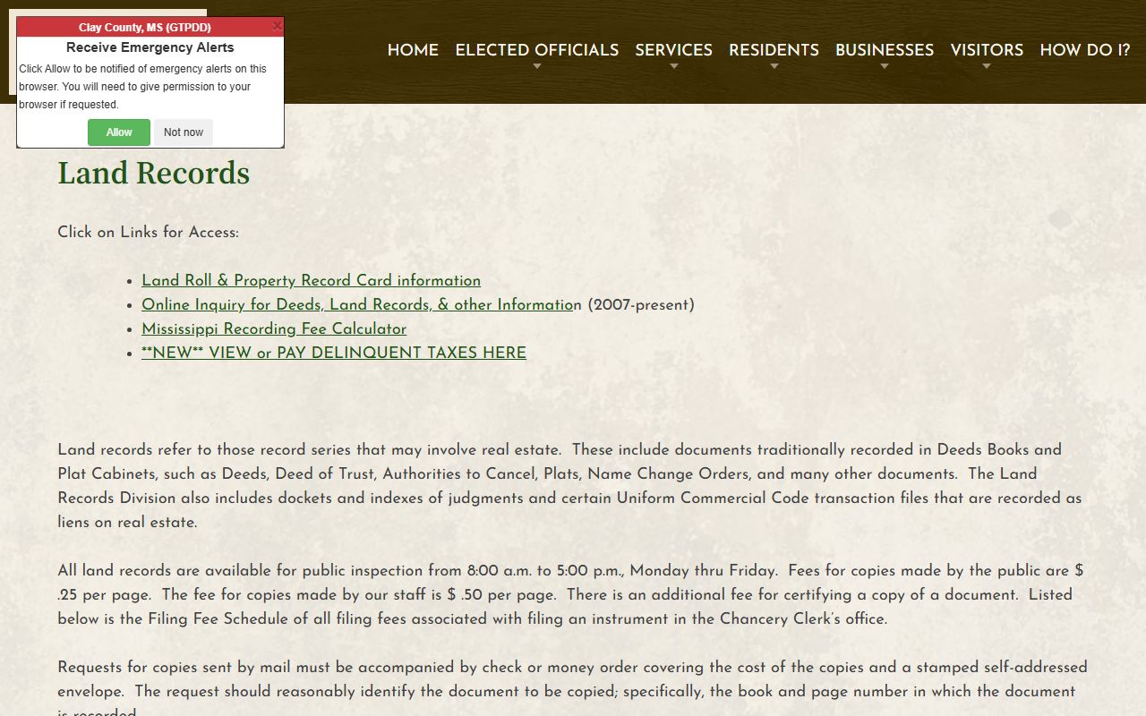 Clay County Chancery Clerk land records access and copy rules page