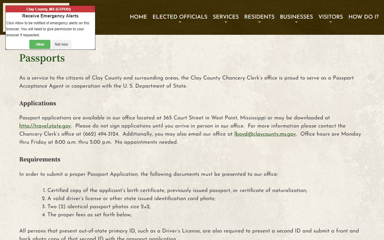 Clay County Chancery Clerk passport acceptance counter information page