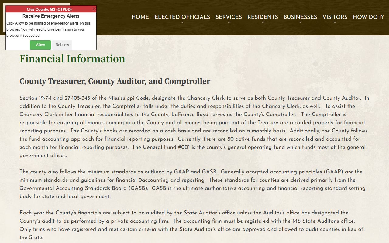 Clay County Chancery Clerk financial duties and county fund accounting page