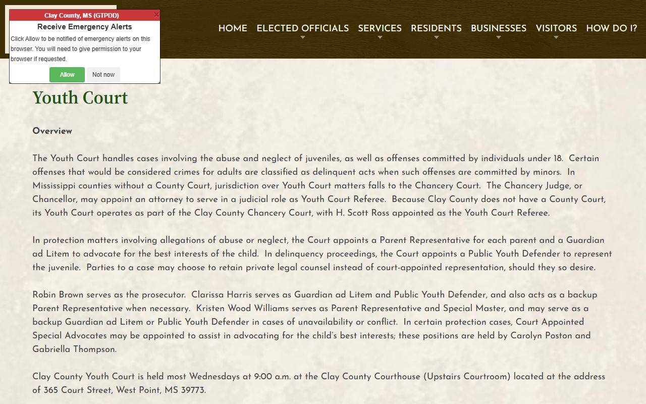 Clay County Youth Court page with docket schedule