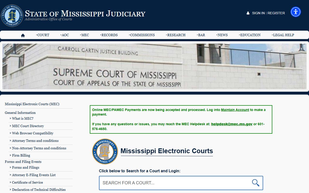Clay County court records search through the Mississippi Electronic Courts portal