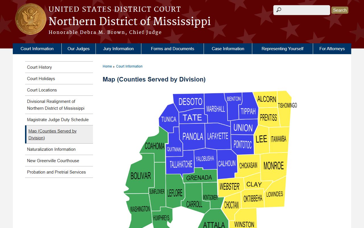 Clay County federal court district map for the Northern District of Mississippi