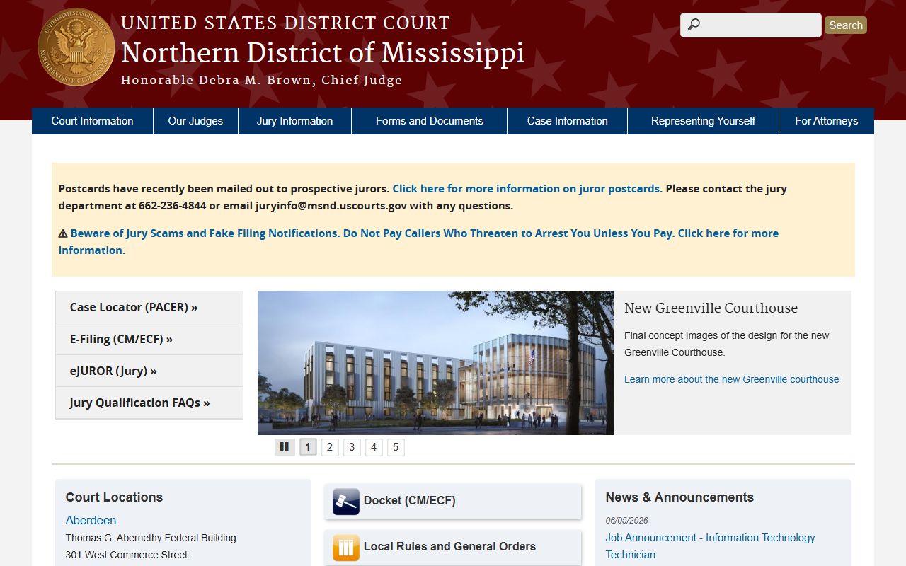 Clay County federal court resource, Northern District of Mississippi homepage