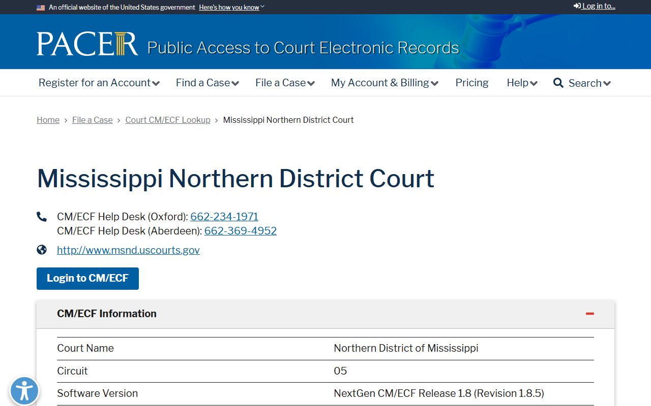 Clay County federal court records via PACER lookup for the Mississippi Northern District