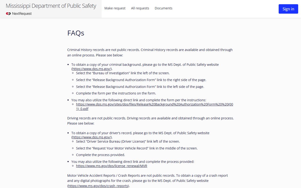 Mississippi DPS public records FAQ explaining restricted Clay County court records