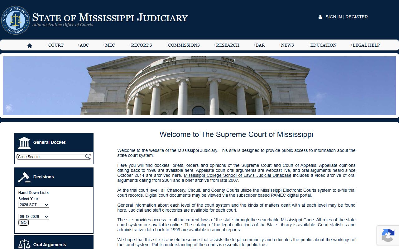 Mississippi Judiciary homepage used to reach Clay County court records on MEC