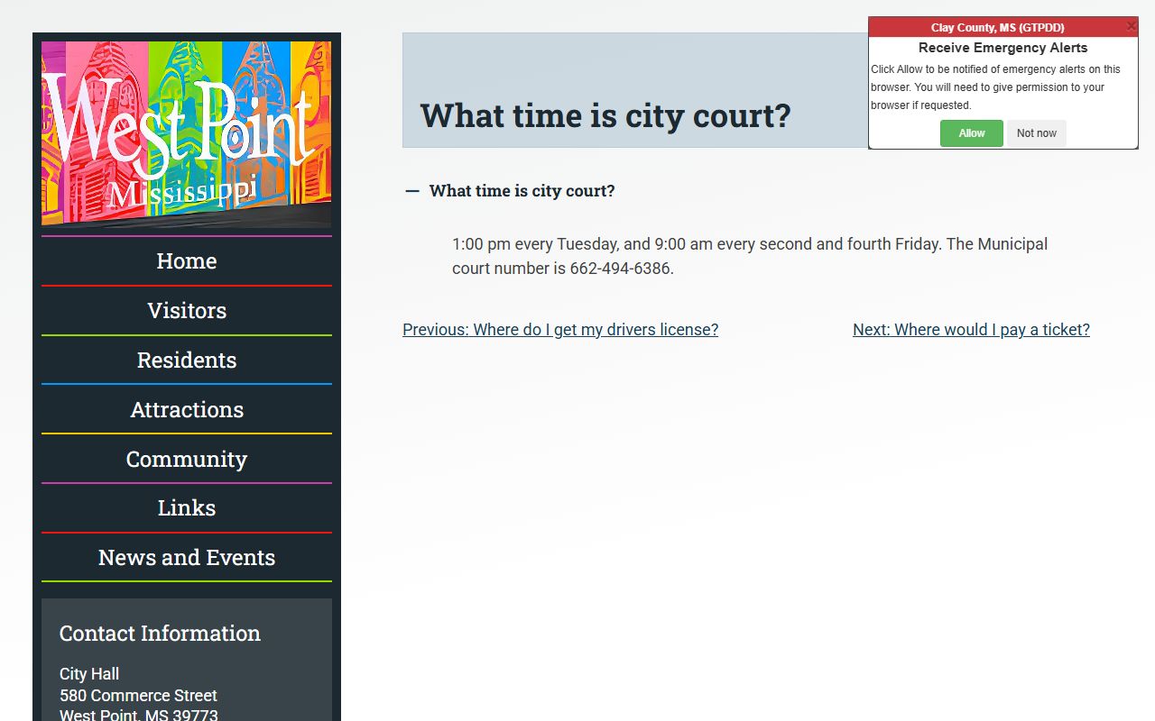 West Point Municipal Court schedule FAQ for Clay County court records