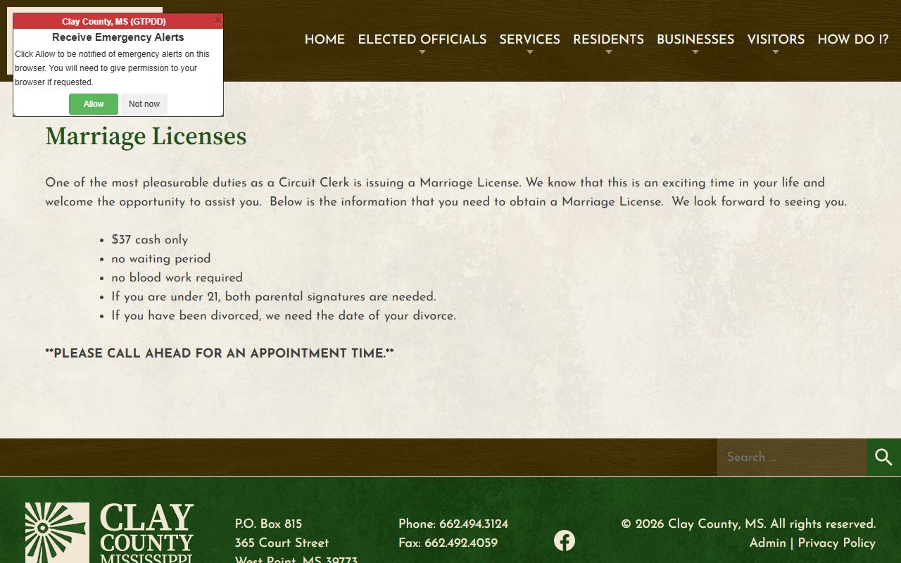 Clay County marriage license instructions page