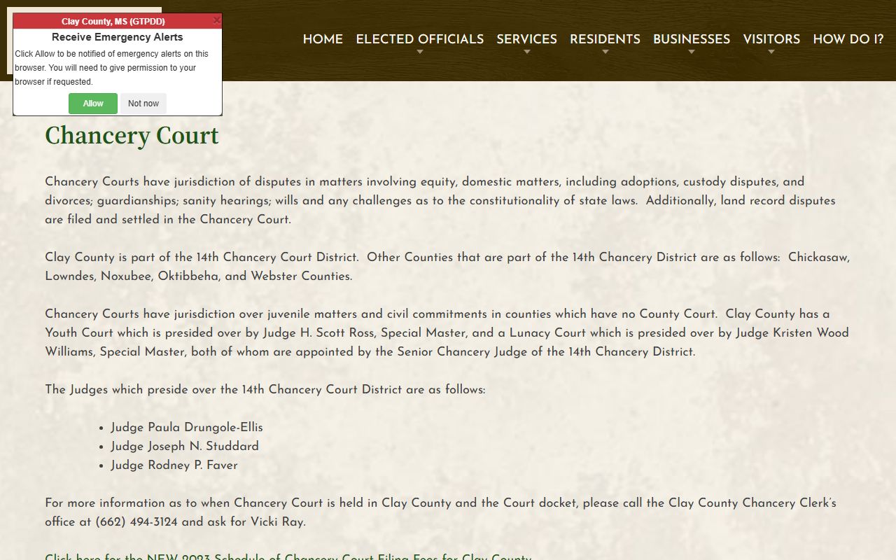 Clay County probate records and Chancery Court information page