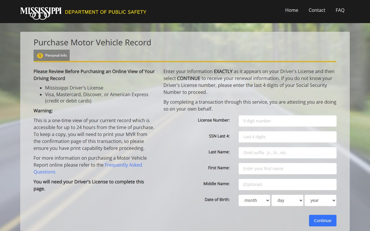 Clay County traffic driver record purchase form on the Mississippi DPS site