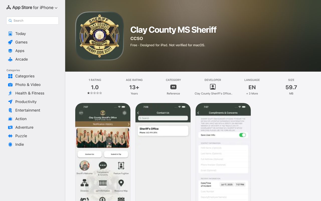 Clay County warrant and tip tools on the Clay County MS Sheriff iOS app listing