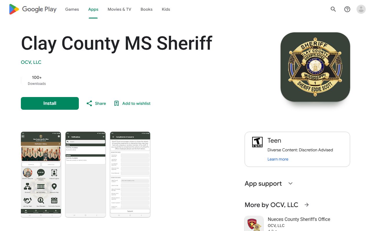 Clay County warrant resources on the Clay County MS Sheriff Android app listing