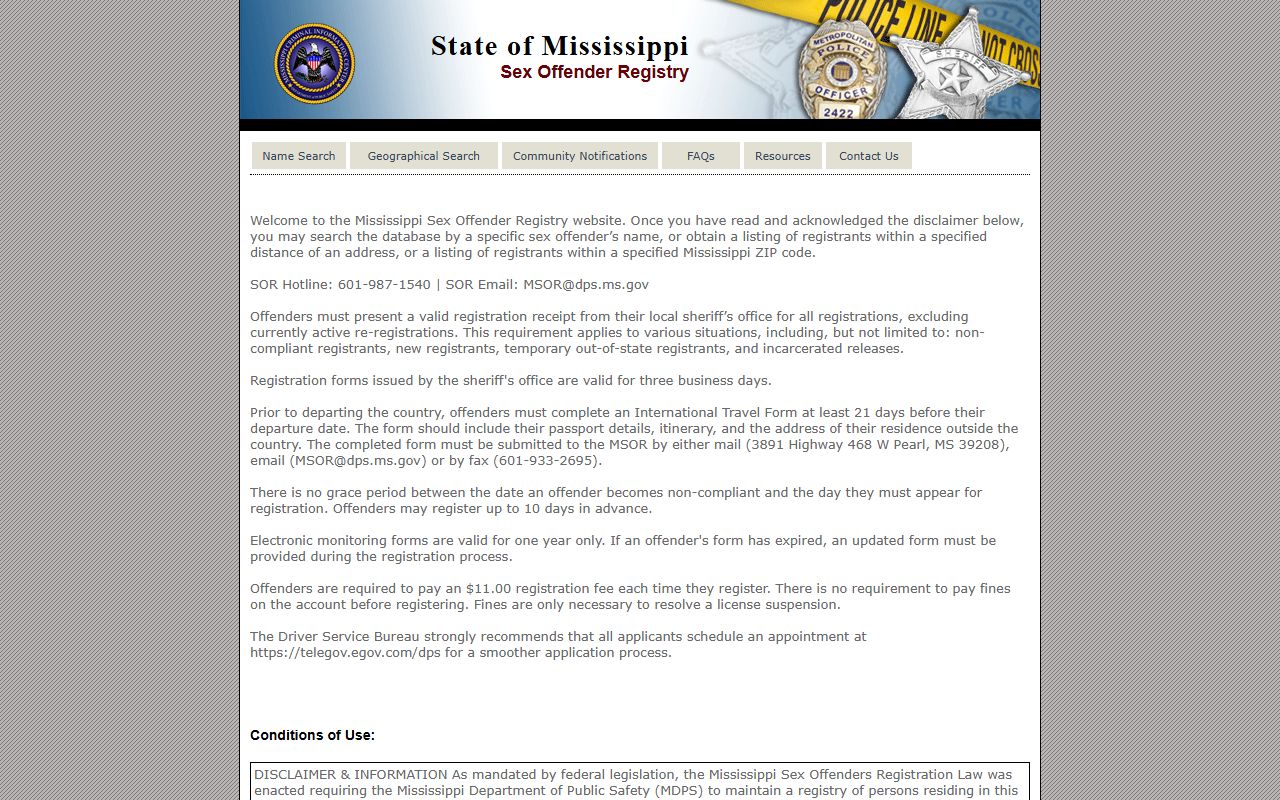 Clay County warrant-related public safety search on the Mississippi Sex Offender Registry